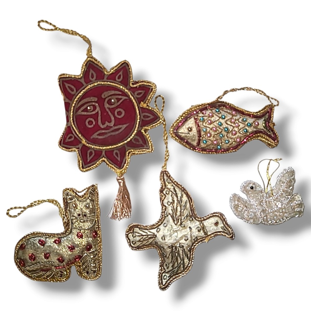 Lot 5 Handmade Beaded Christmas Ornaments Sun Fish Cat Dove Cross Holiday Decor
